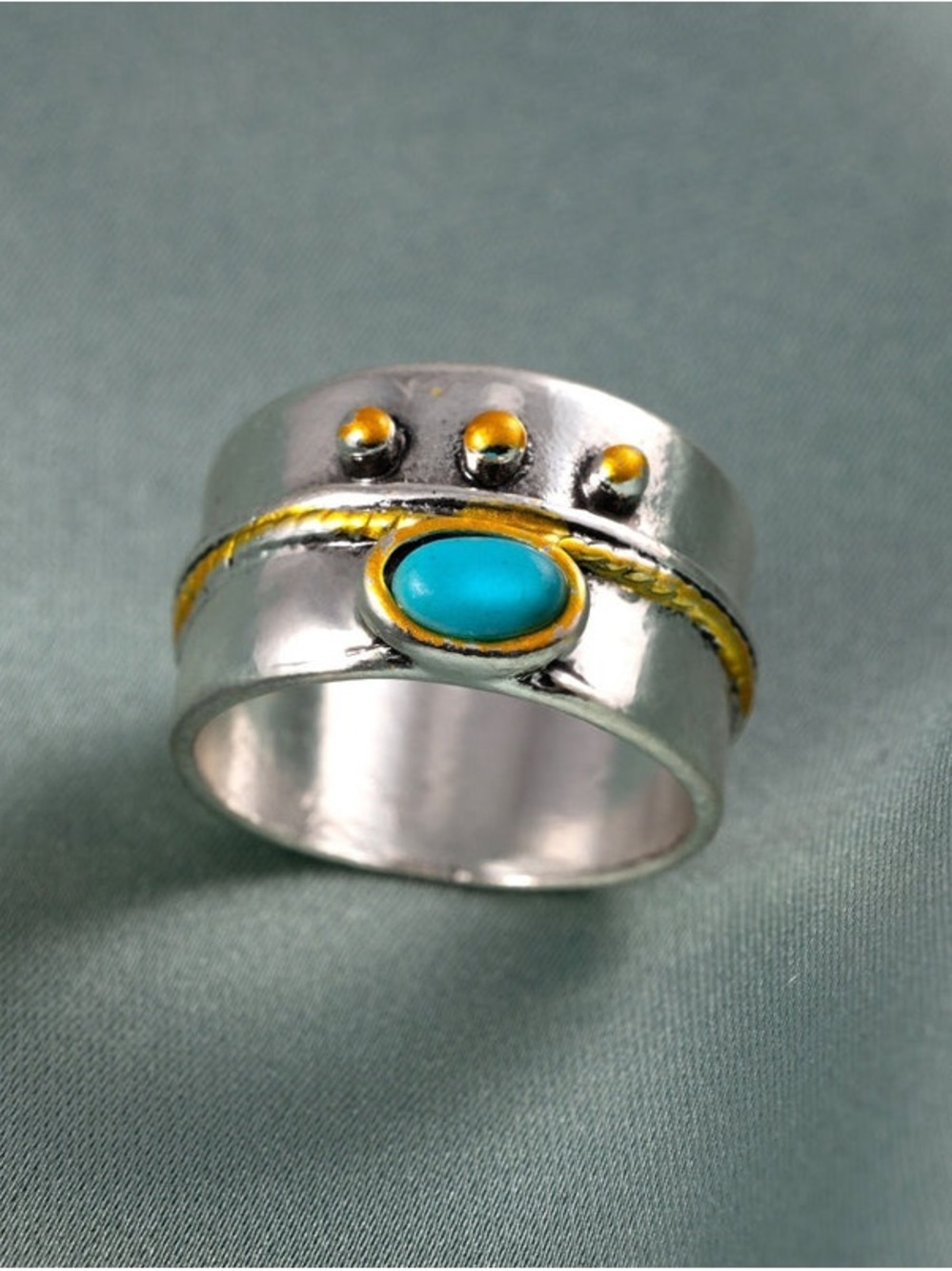 Boho Two-Tone Turquoise Mixed Metal Wide Band Ring